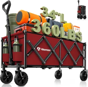 34'' Extra Long Collapsible Wagons Carts Foldable, 360LBS Heavy Duty Folding Beach Wagon with Wheels, Portable Utility Outdoor Cart for Grocery, Garden, Sports, Camping, Red
