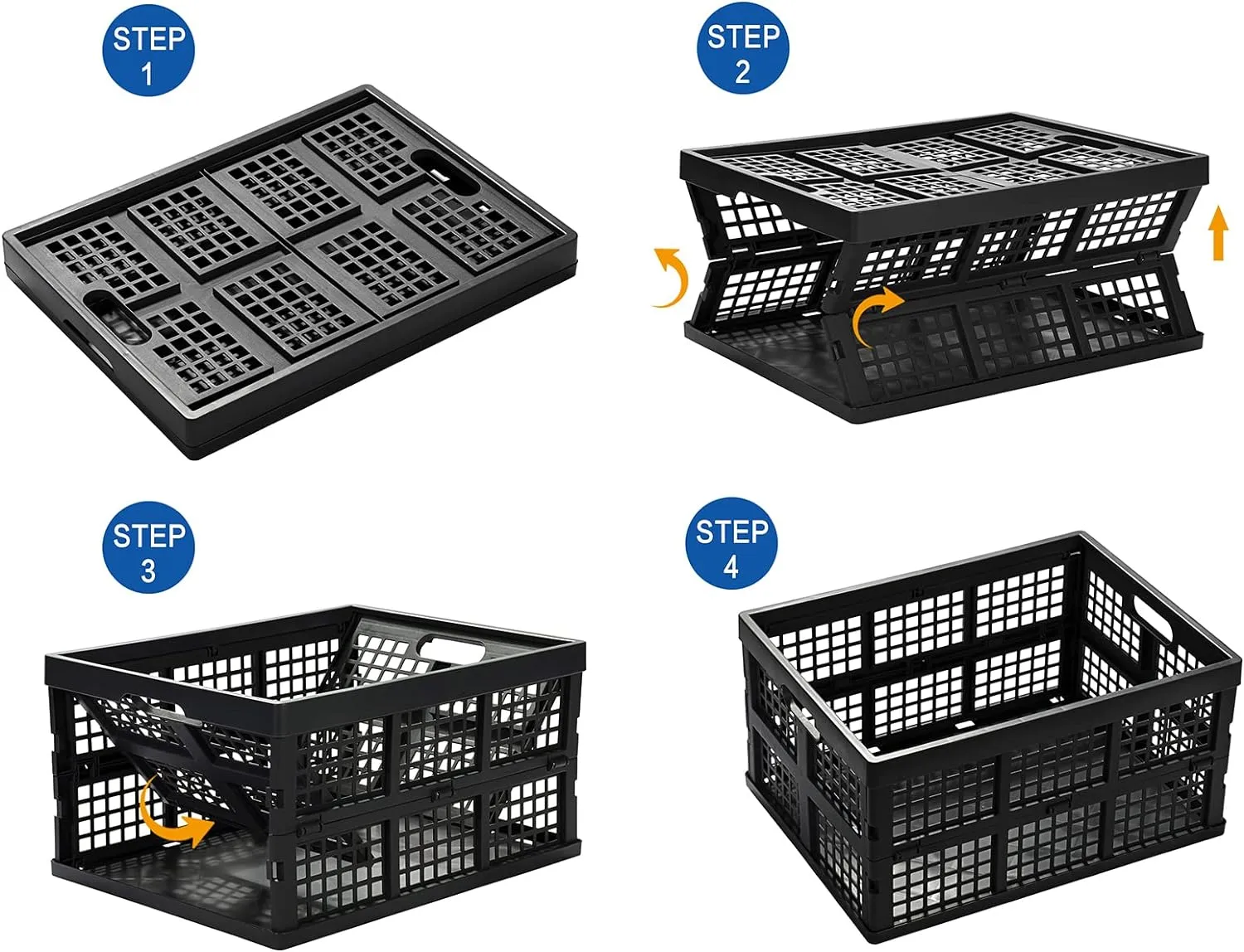 34L Large Plastic Folding Storage Crates,Collapsible Crates for Storage,Pack of 3 (Black)