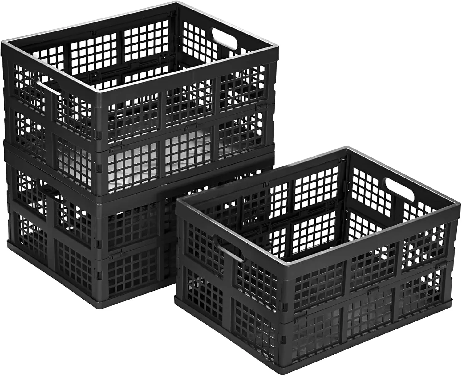 34L Large Plastic Folding Storage Crates,Collapsible Crates for Storage,Pack of 3 (Black)