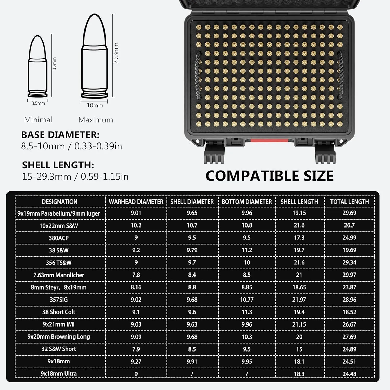 350 Round Ammo Locking Storage Case - Travel Safe/Mil Spec/Waterproof Ammo Box - for 9x19mm Parabellum/9mm Luger, 380ACP, 38 S&W, 356 TS&W,7.63mm Mannlicher,8mm Steyr..