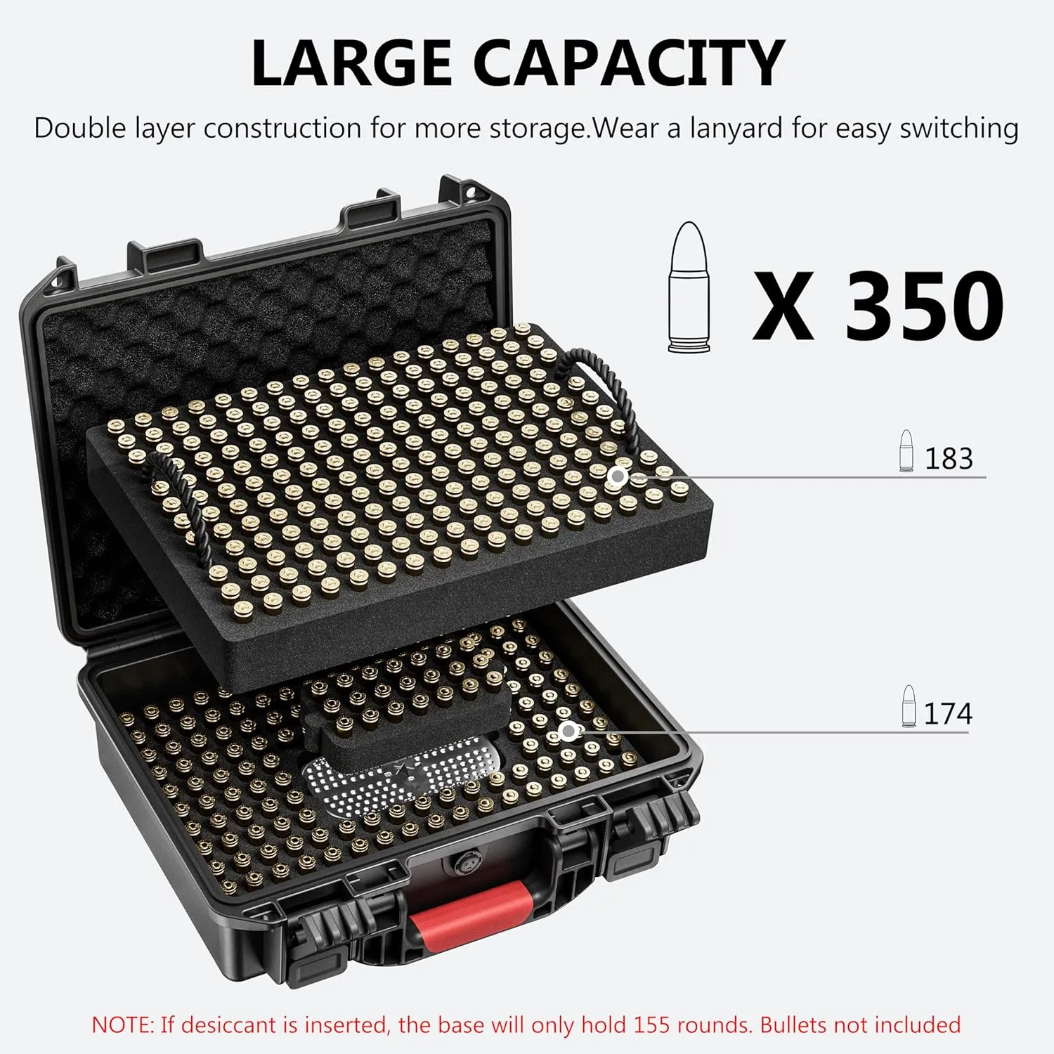 350 Round Ammo Locking Storage Case - Travel Safe/Mil Spec/Waterproof Ammo Box - for 9x19mm Parabellum/9mm Luger, 380ACP, 38 S&W, 356 TS&W,7.63mm Mannlicher,8mm Steyr..