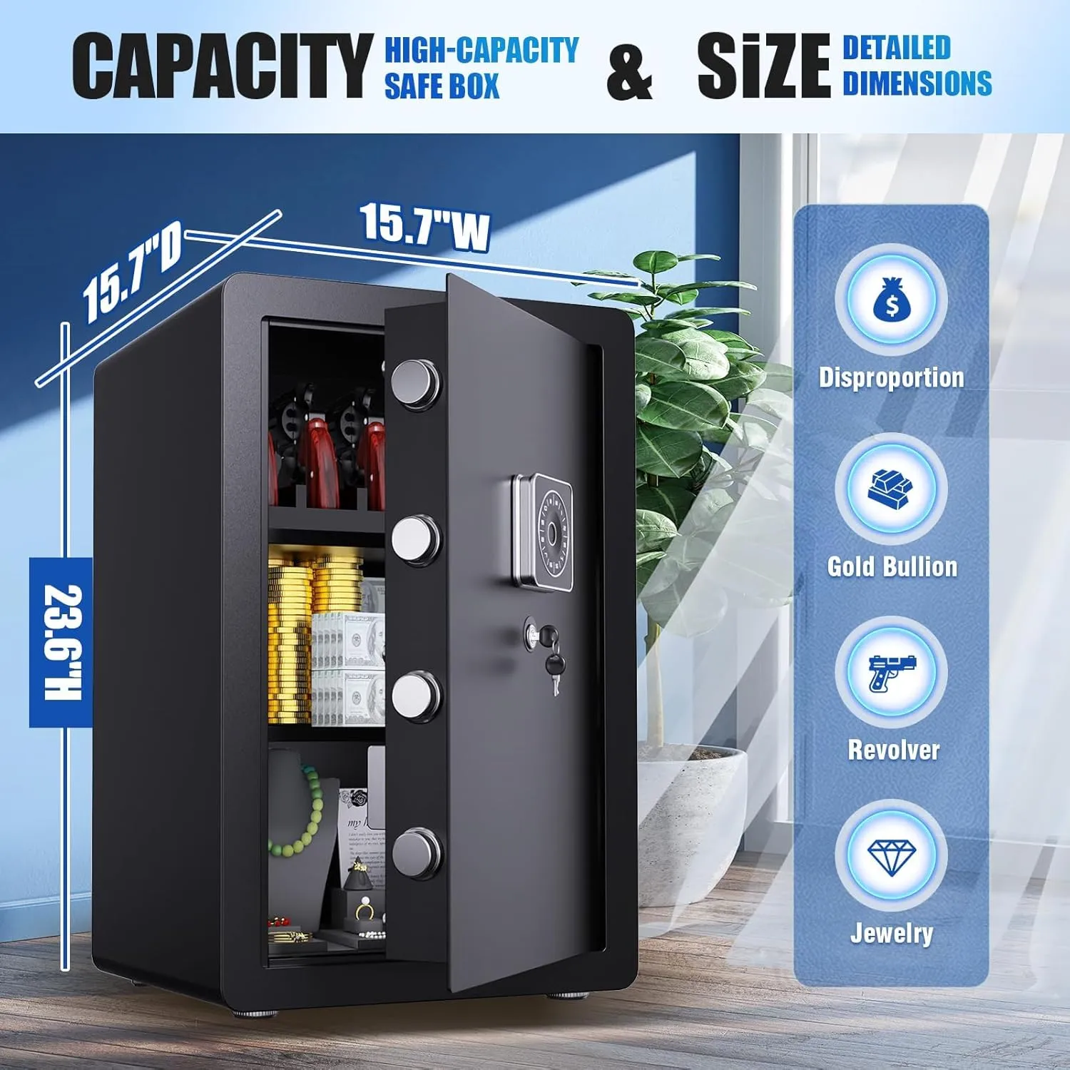 3.6 Cu Ft Safe Box Quick-access Gun Safe with Adjustable Shelf Safes for Home Documents Biometric Fingerprint Safe Box Waterproof With Alarm Lock box for Office Hotel Home