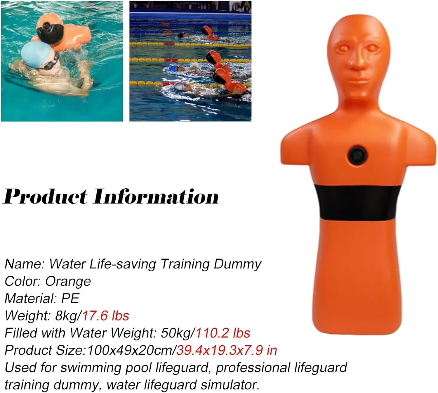 39.4 in Drowning Prevention Teaching Tools, Water Life-Saving Training Dummy with Inlet & Outlet Ports, Pool Rescue Training Equipment for Safety Education