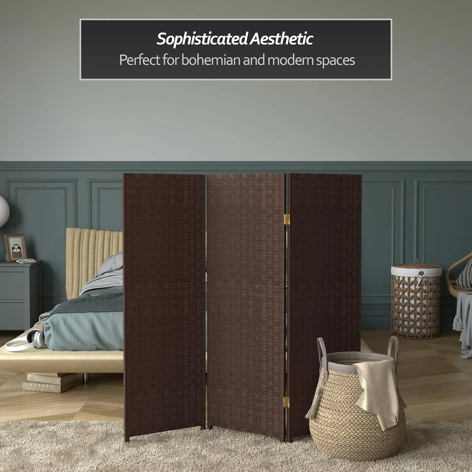 4 ft. Short Woven Fiber Folding Screen - Dark Mocha - 3 Panel
