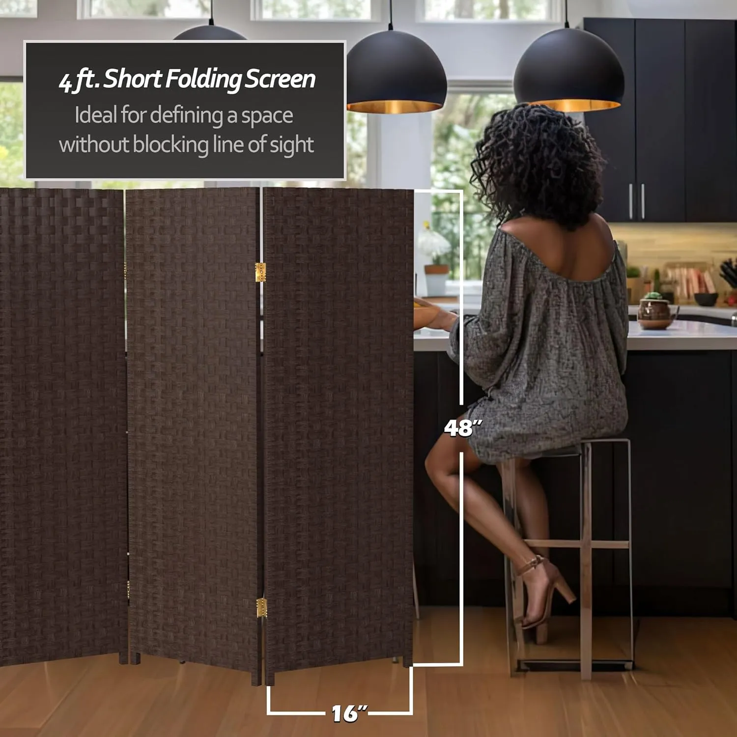 4 ft. Short Woven Fiber Folding Screen - Dark Mocha - 6 Panel