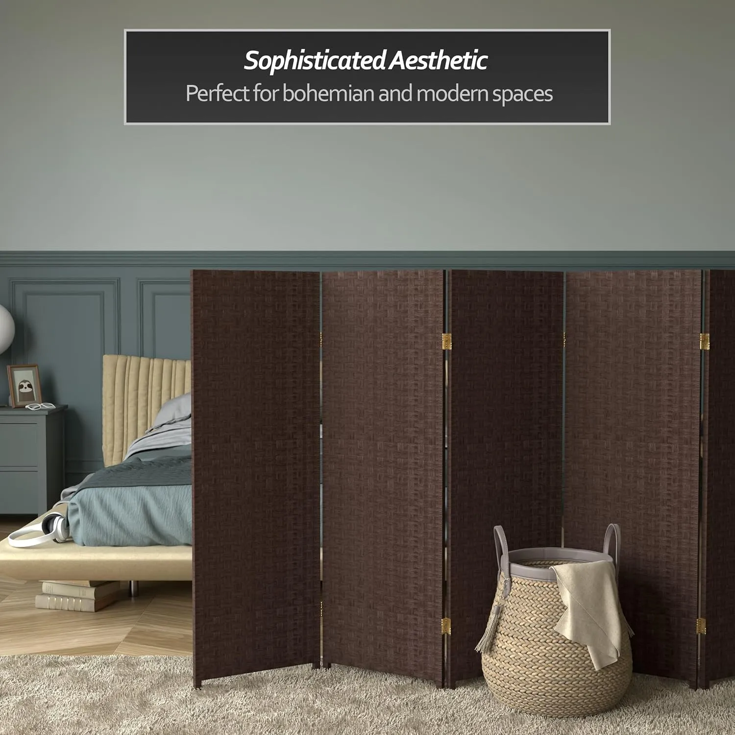 4 ft. Short Woven Fiber Folding Screen - Dark Mocha - 6 Panel