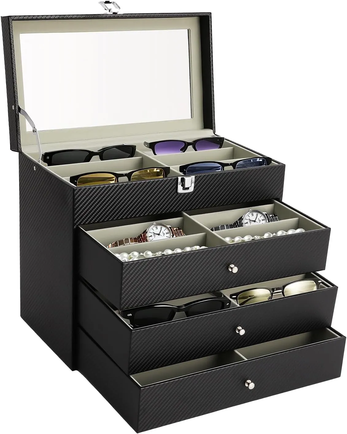 4-layer 24 Slots Sunglasses Organizer Case Box for Women Men, Multiple Eyeglasses Eyewear Display Case with Glass Lid, Glasses Collector Box For Storing Glasses, Sunglasses, Bracelets, Black