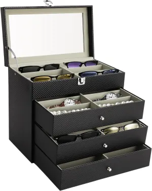 4-layer 24 Slots Sunglasses Organizer Case Box for Women Men, Multiple Eyeglasses Eyewear Display Case with Glass Lid, Glasses Collector Box For Storing Glasses, Sunglasses, Bracelets, Black