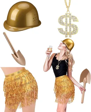 4 Pack Gold Digger Costume Accessories Include Hard Hat Sequin Tassel Skirts Golden Shovel and Dollar Sign Necklace for Adult Women Halloween Cosplay