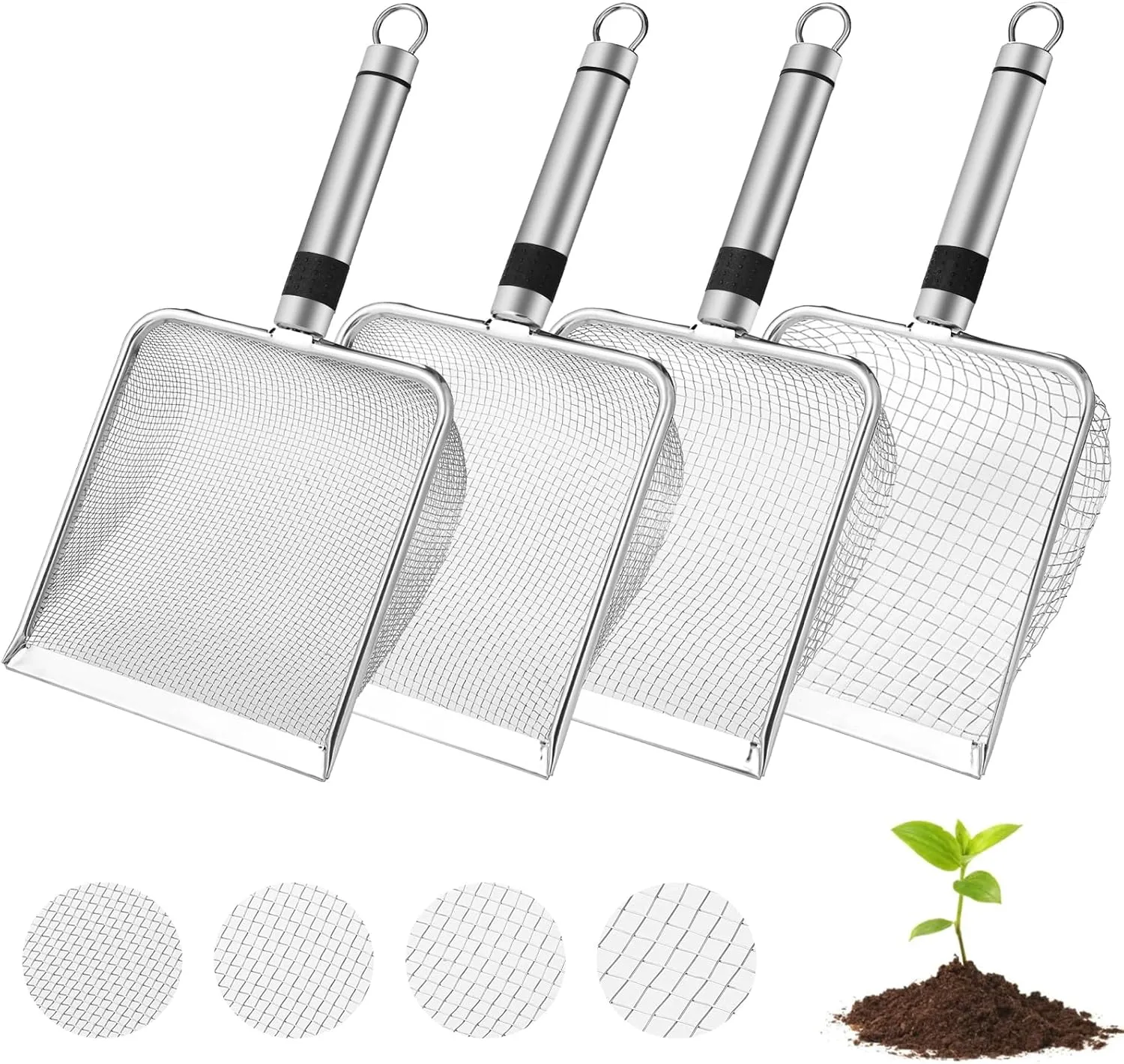 4 Pcs Soil Sifter for Gardening Garden Sieve Sand Sifter Shovel with Handle Garden Sieve Compost Sifters Screen for Dirt Rock (2/2.8/3.8/5 Mm Mesh)