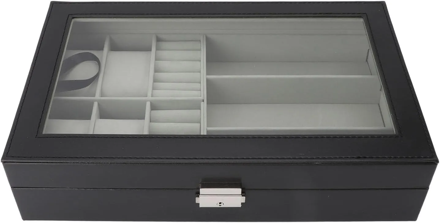 4 Slots 3 Glasses Compartments Display Case Watch Band Storage Waterproof Dustproof Ring Layer Compact Spacious Men Pvc Velvet Metal Key 33x20x8 Cm