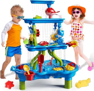 4-Tier Sand Water Table for Toddlers Kids 3 4 5 6 7 8 Year Old, Waterfall Pond Summer Outdoor Sand Beach Toys for Toddlers 3-5, Sensory Activity Fun Water Play Birthday Gifts for Boys Girls