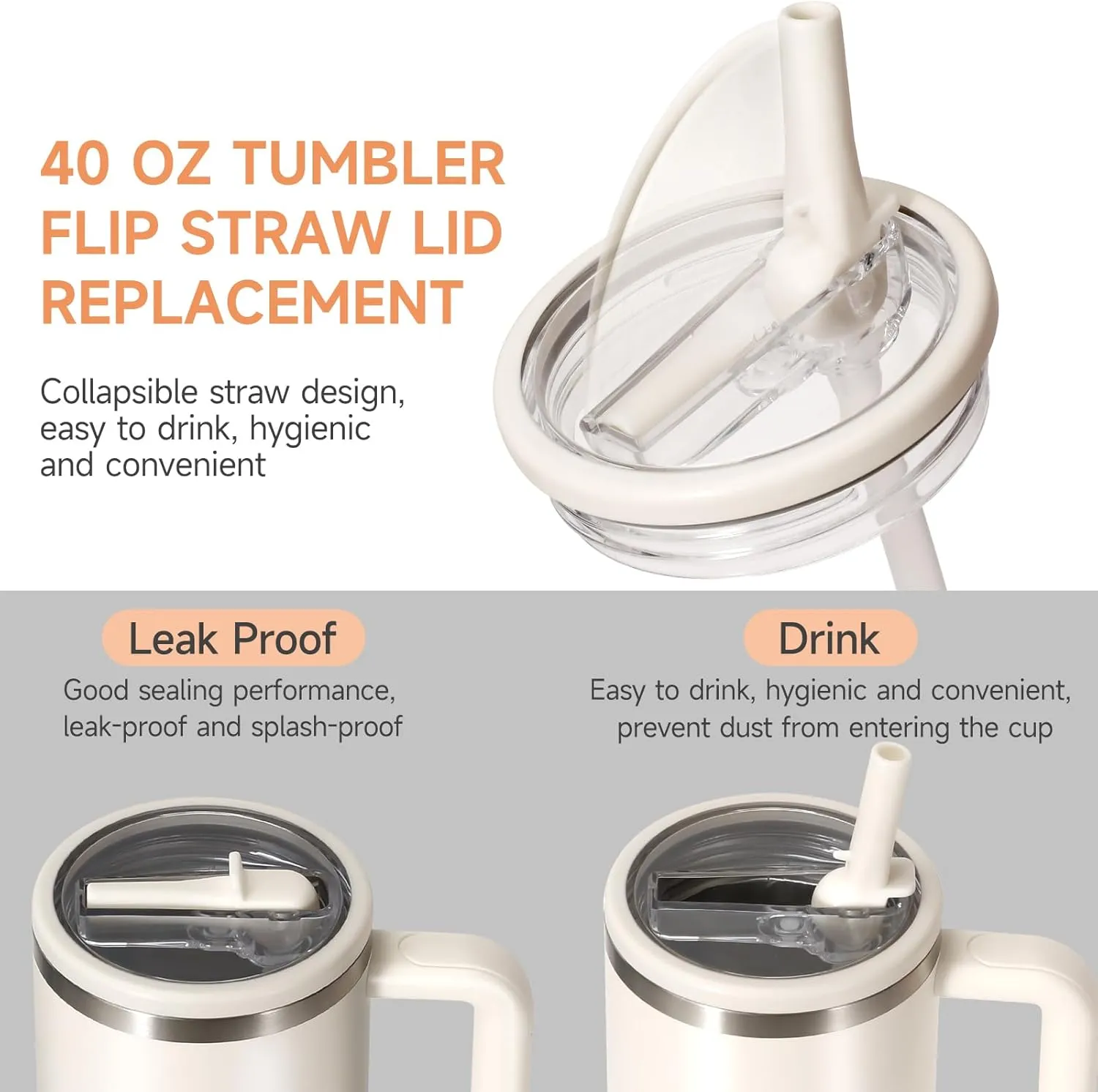 40oz Flip Straw Leak Proof Lid for Stanley H2.0 Quencher Protour Tumbler, 2 Pack Spill Proof Lid Replacement Straw Cover Top for 40 OZ Stanley Cup Accessories (Beige, SkyBlue)
