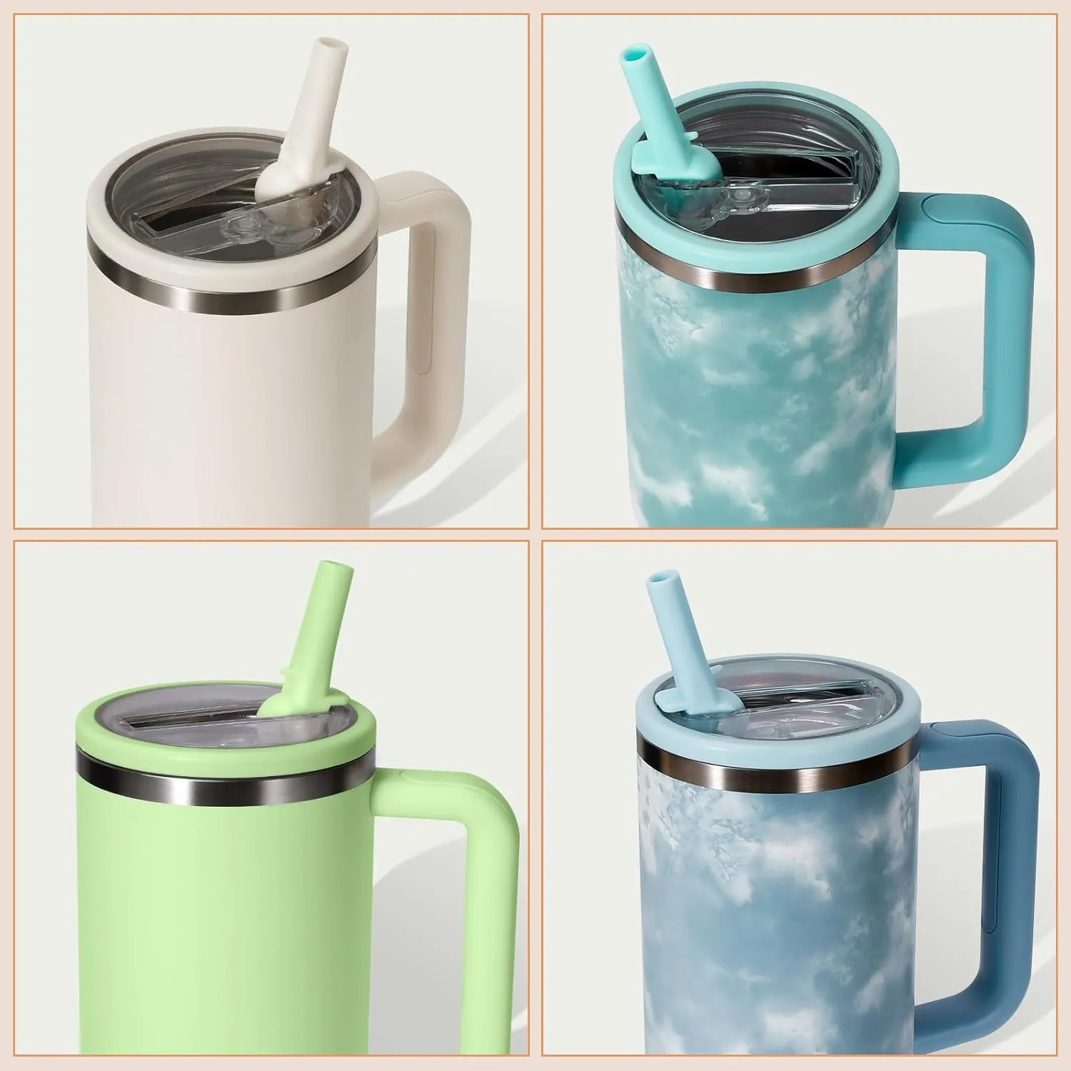 40oz Flip Straw Leak Proof Lid for Stanley H2.0 Quencher Protour Tumbler, 2 Pack Spill Proof Lid Replacement Straw Cover Top for 40 OZ Stanley Cup Accessories (Beige, SkyBlue)