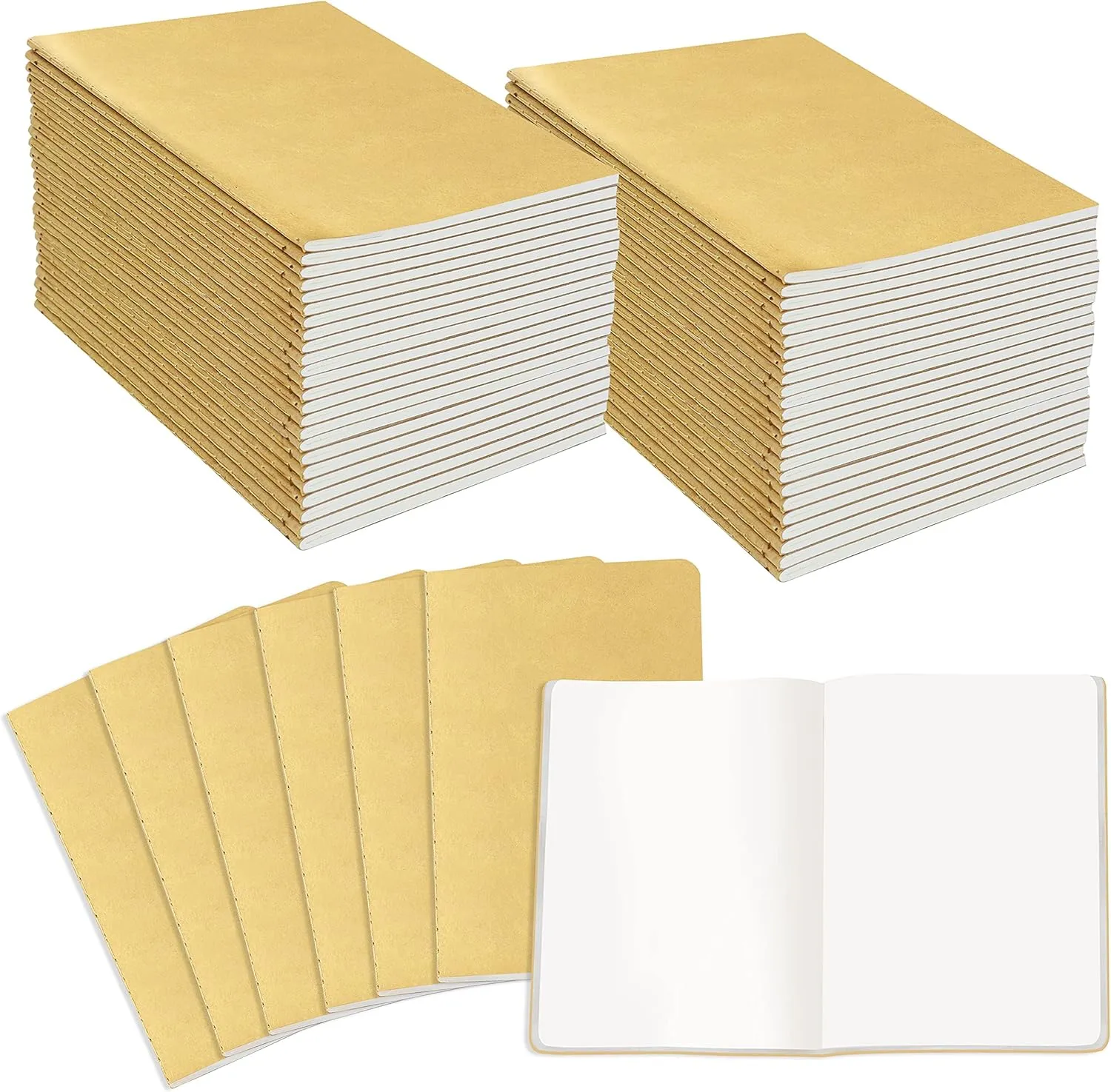 48 Pack Unlined Kraft Notebooks, Soft Cover Sewn Diary Memo Pad for Travelers, Students and Doodlers, (48 pages, 4” x 5.7”)