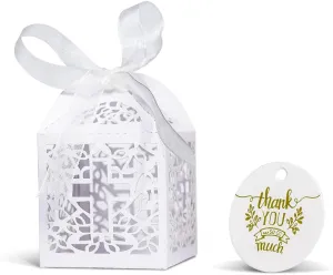 50PCS Baptism Favor Boxes, 2.2''x2.2''x2.2''Laser Cut Gift Boxes for Baby Shower,First Birthday Party Christening Decorations,Candy Bag for Boy and Girl(White & 50 Thank You Tags)