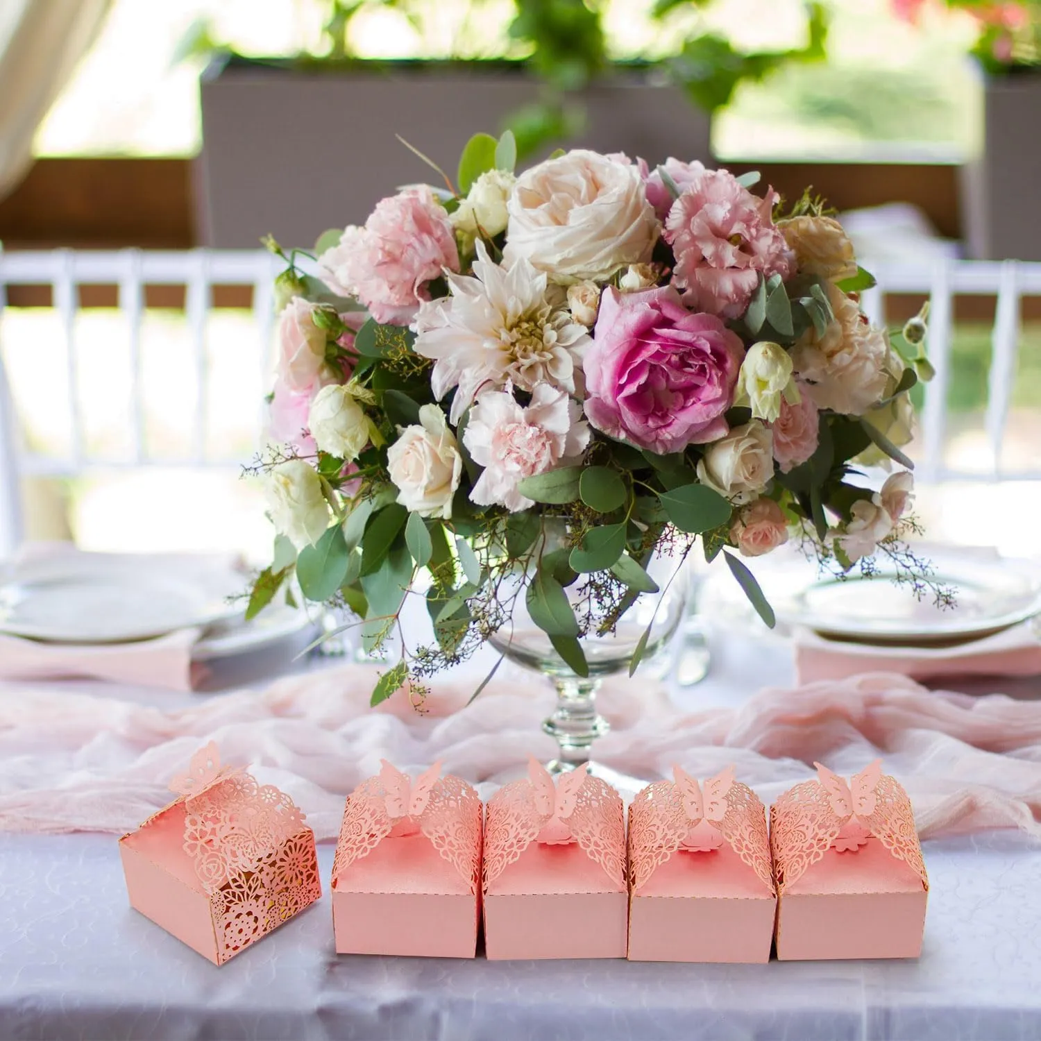 50pcs Laser Cut Butterfly Favor Boxes, 2.6" x 2.6" x 1.6" Floral Gift Box for Bridal Shower Anniversary Wedding Party,Baby Shower,First Communion, Pink