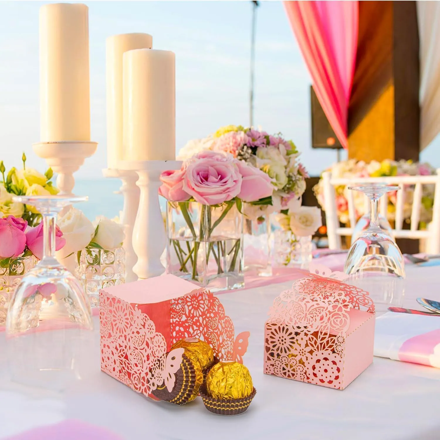 50pcs Laser Cut Butterfly Favor Boxes, 2.6" x 2.6" x 1.6" Floral Gift Box for Bridal Shower Anniversary Wedding Party,Baby Shower,First Communion, Pink