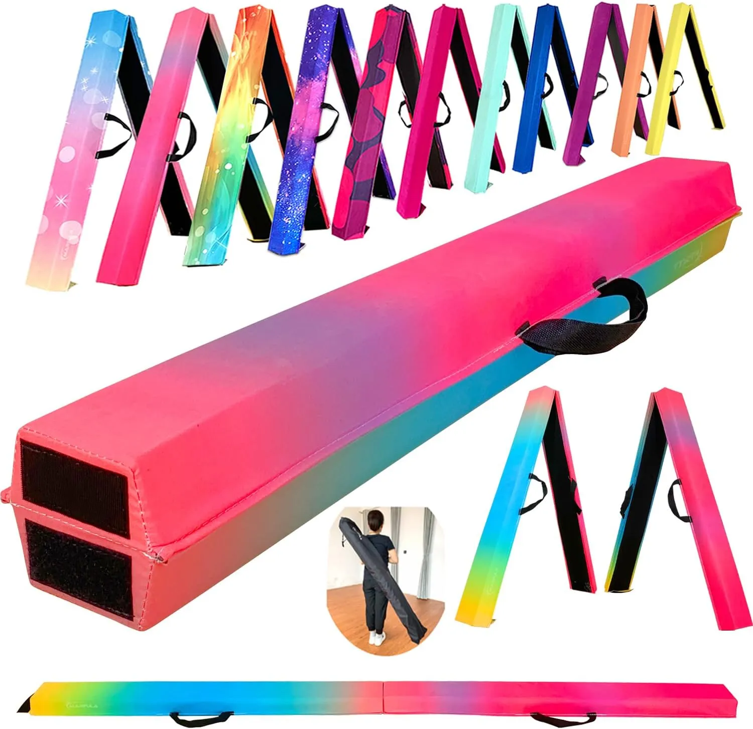 6 FT / 8 FT / 9 FT Folding Gymnastics Beam Foam Balance Floor Beam - Extra Firm - Suede Cover - Anti Slip Bottom with Carry Bag for Kids/Adults Home Use