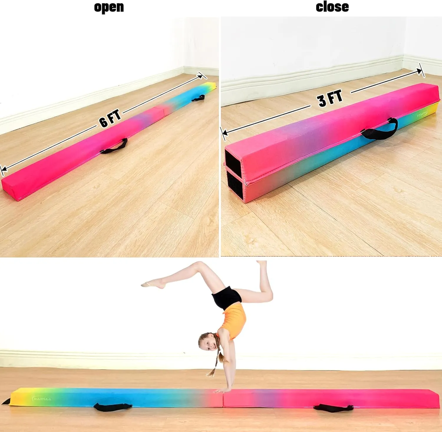 6 FT / 8 FT / 9 FT Folding Gymnastics Beam Foam Balance Floor Beam - Extra Firm - Suede Cover - Anti Slip Bottom with Carry Bag for Kids/Adults Home Use