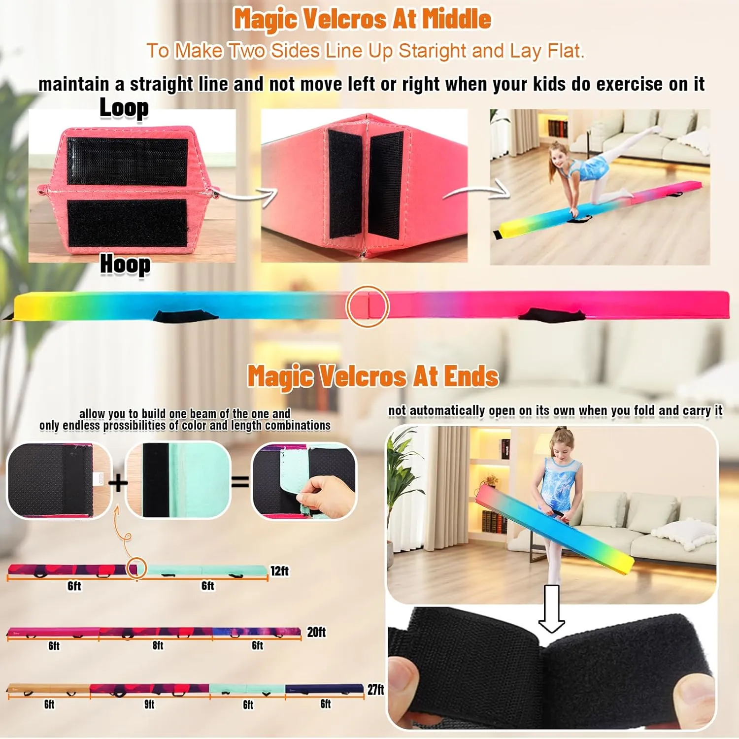 6 FT / 8 FT / 9 FT Folding Gymnastics Beam Foam Balance Floor Beam - Extra Firm - Suede Cover - Anti Slip Bottom with Carry Bag for Kids/Adults Home Use