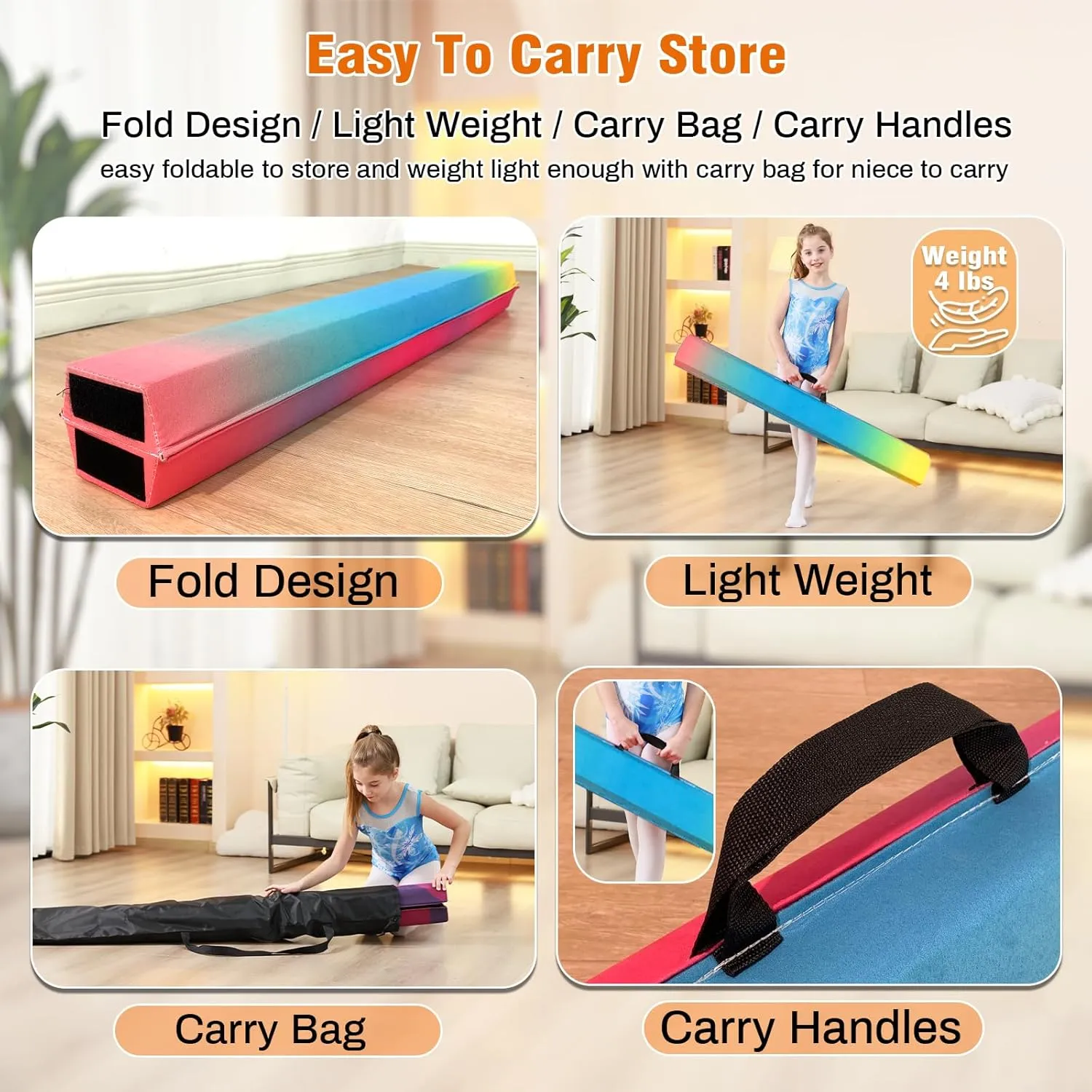 6 FT / 8 FT / 9 FT Folding Gymnastics Beam Foam Balance Floor Beam - Extra Firm - Suede Cover - Anti Slip Bottom with Carry Bag for Kids/Adults Home Use