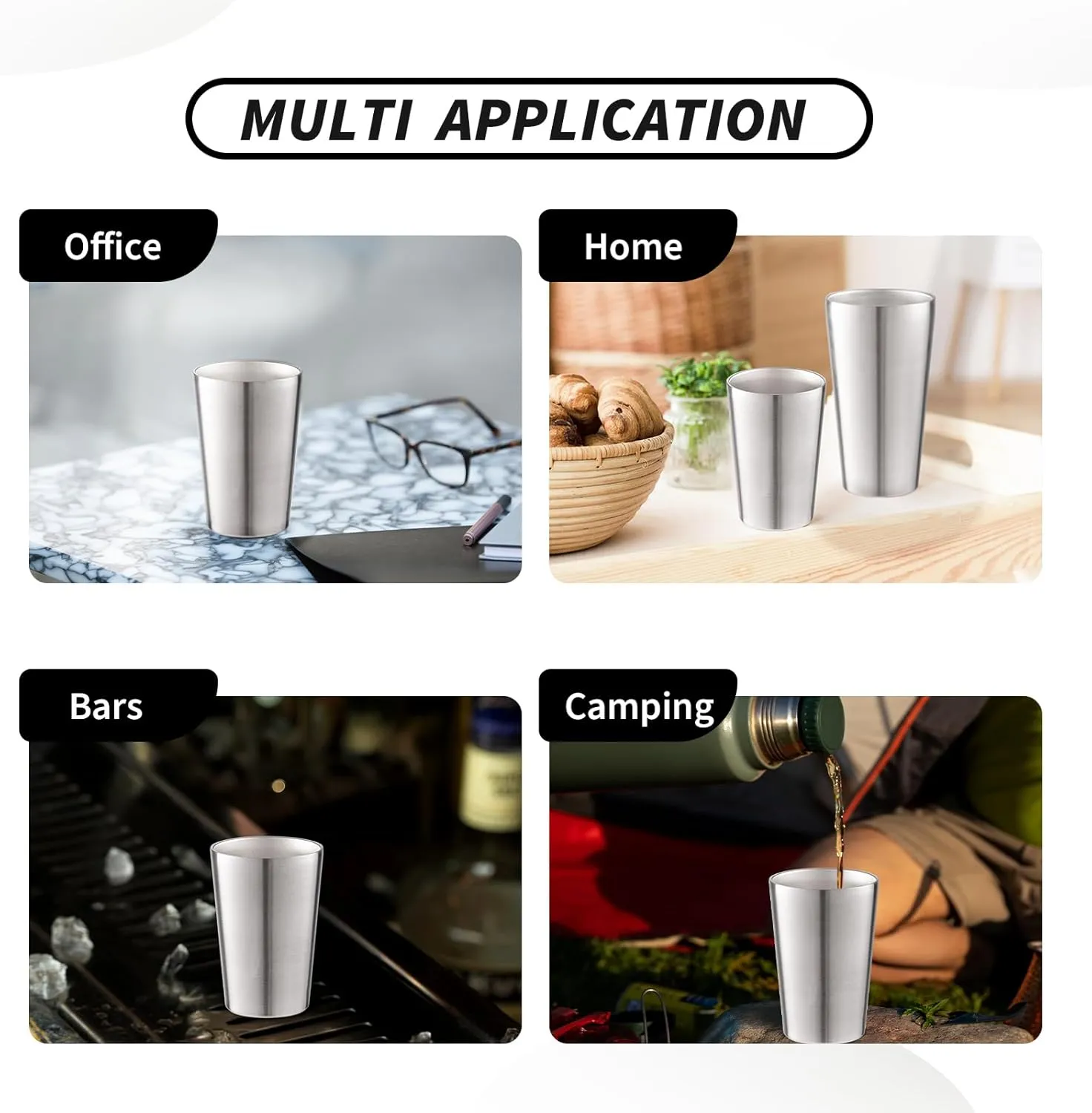 6 Pack 12 oz Stainless Steel Insulated Cup, Double Wall Vacuum Small Metal Cup, Reusable Camping Cups Unbreakable Indoor Outdoor for Party, Home, Office, BBQ, Silver