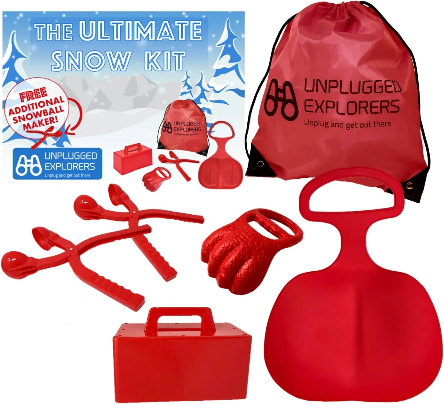 6 pc. Ultimate Winter Sports Toys Kit - Red Sled, Snow Brick Maker, Digger, Mold, 2 Snowball Makers (1 Free), Oversized Storage