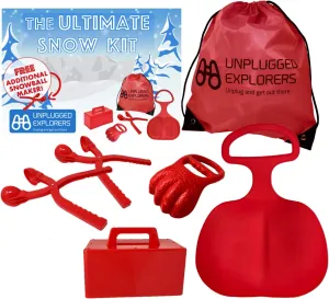 6 pc. Ultimate Winter Sports Toys Kit - Red Sled, Snow Brick Maker, Digger, Mold, 2 Snowball Makers (1 Free), Oversized Storage
