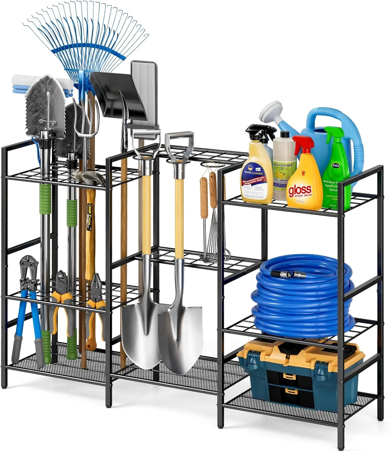 6-Tier Garden Tool Organizer for Outdoor Storage, Yard Tool Rack for Garage Organization and Storage, Holds 90 Long-Handled Tools, Sturdy Steel Tool Holder with 3 Hooks, 44.96"W x 11.89"D x 31"H"
