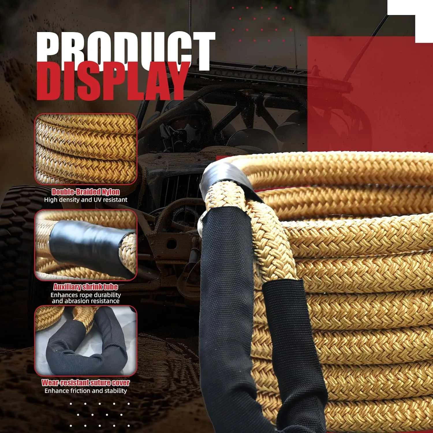 7/8in x 20ft Kinetic Recovery Tow Rope 28,000lbs Heavy-Duty Energy Rope Offroad Snatch Strap for Jeep Car Vehicle Truck ATV UTV SUV, Gold