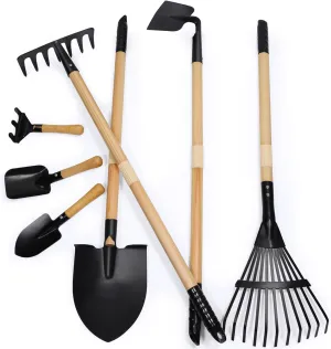 7PCS Kids Gardening Tools, Long Shovel, Rake for Leaves, Spade, Hoe, Steel Heads & Real Wood Handle, Yard Tools for Children Toddlers Gifts