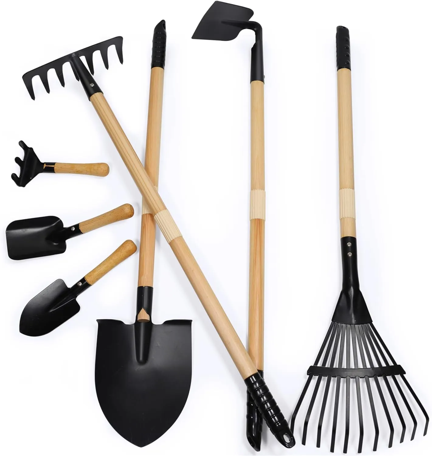 7PCS Kids Gardening Tools, Long Shovel, Rake for Leaves, Spade, Hoe, Steel Heads & Real Wood Handle, Yard Tools for Children Toddlers Gifts