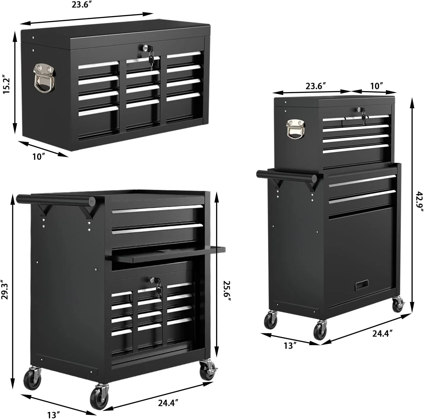 8-Drawer High Capacity Rolling Tool Chest, Removable Cabinet Storage Tool Box with Wheels and Drawers, Detachable Toolbox with Lock for Workshop Mechanics Garage (Black)
