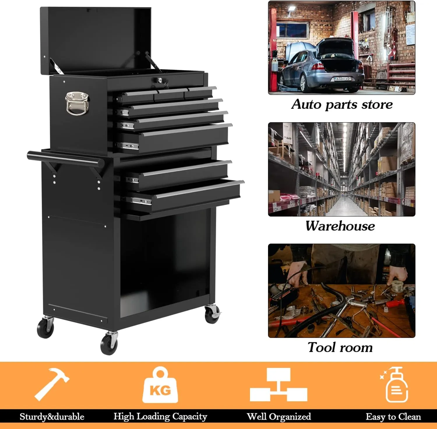 8-Drawer High Capacity Rolling Tool Chest, Removable Cabinet Storage Tool Box with Wheels and Drawers, Detachable Toolbox with Lock for Workshop Mechanics Garage (Black)