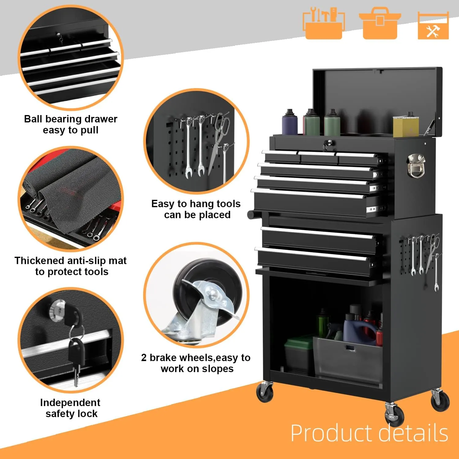 8-Drawer High Capacity Rolling Tool Chest, Removable Cabinet Storage Tool Box with Wheels and Drawers, Detachable Toolbox with Lock for Workshop Mechanics Garage (Black)