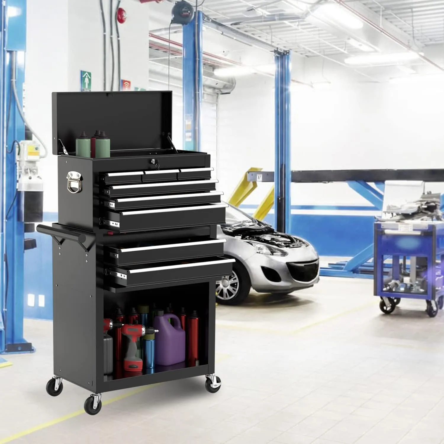 8-Drawer High Capacity Rolling Tool Chest, Removable Cabinet Storage Tool Box with Wheels and Drawers, Detachable Toolbox with Lock for Workshop Mechanics Garage (Black)