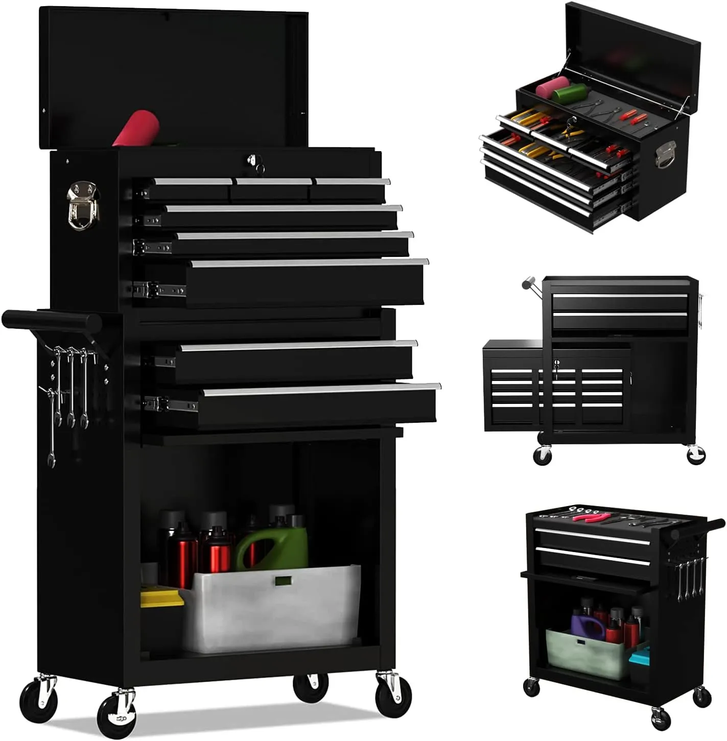 8-Drawer High Capacity Rolling Tool Chest, Removable Cabinet Storage Tool Box with Wheels and Drawers, Detachable Toolbox with Lock for Workshop Mechanics Garage (Black)