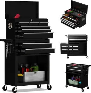 8-Drawer High Capacity Rolling Tool Chest, Removable Cabinet Storage Tool Box with Wheels and Drawers, Detachable Toolbox with Lock for Workshop Mechanics Garage (Black)