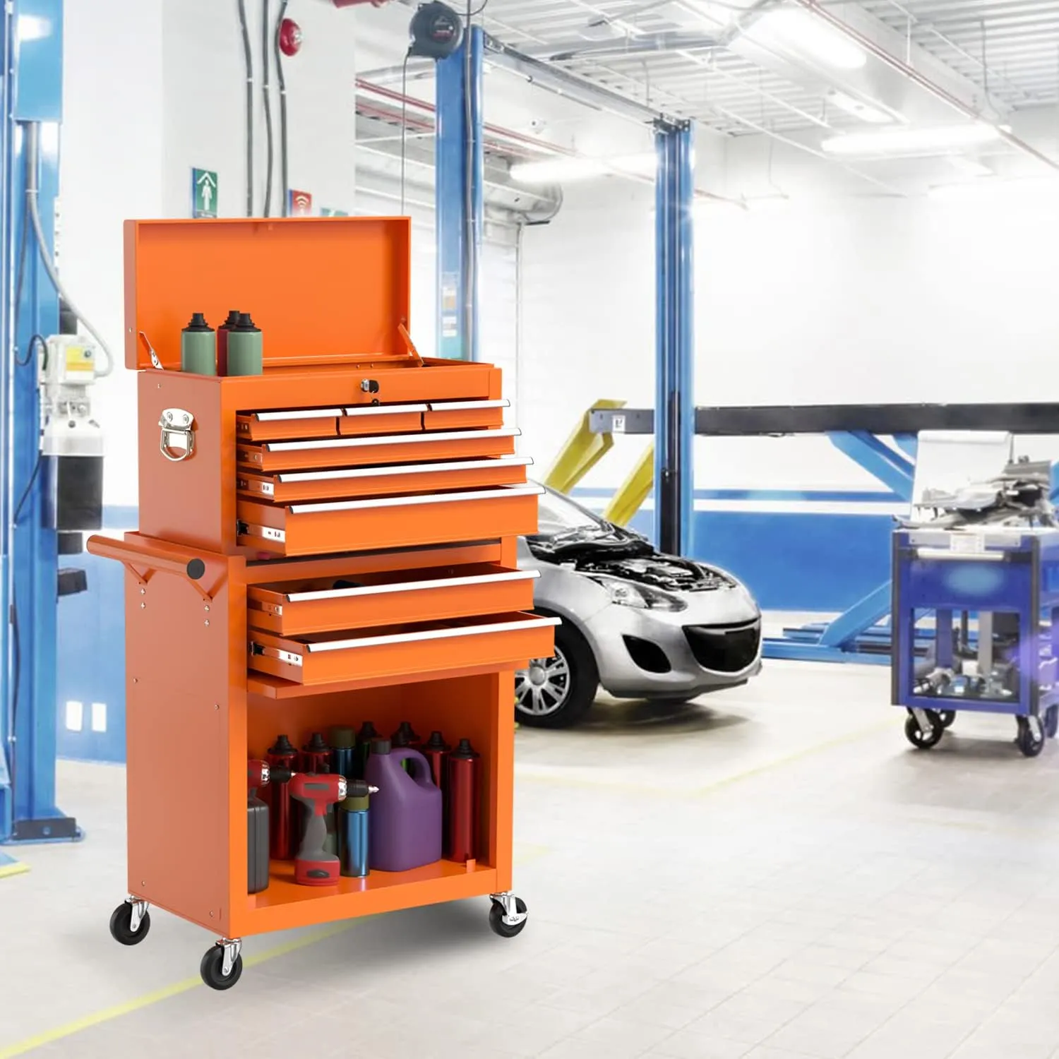 8-Drawer High Capacity Rolling Tool Chest, Removable Cabinet Storage Tool Box with Wheels and Drawers, Detachable Toolbox with Lock for Workshop Mechanics Garage（Orange）