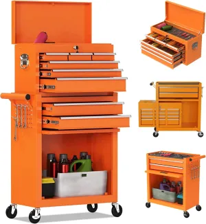8-Drawer High Capacity Rolling Tool Chest, Removable Cabinet Storage Tool Box with Wheels and Drawers, Detachable Toolbox with Lock for Workshop Mechanics Garage（Orange）