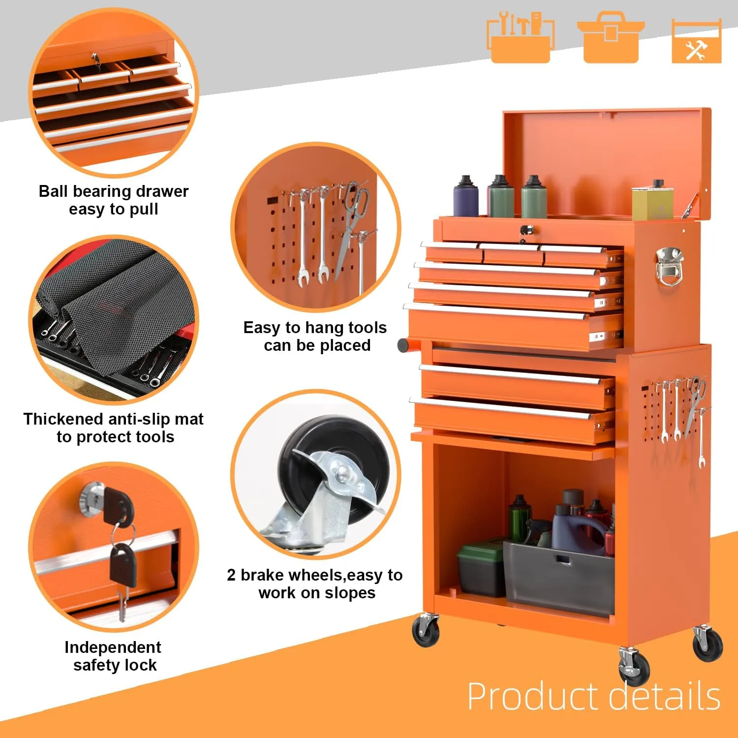 8-Drawer High Capacity Rolling Tool Chest, Removable Cabinet Storage Tool Box with Wheels and Drawers, Detachable Toolbox with Lock for Workshop Mechanics Garage（Orange）