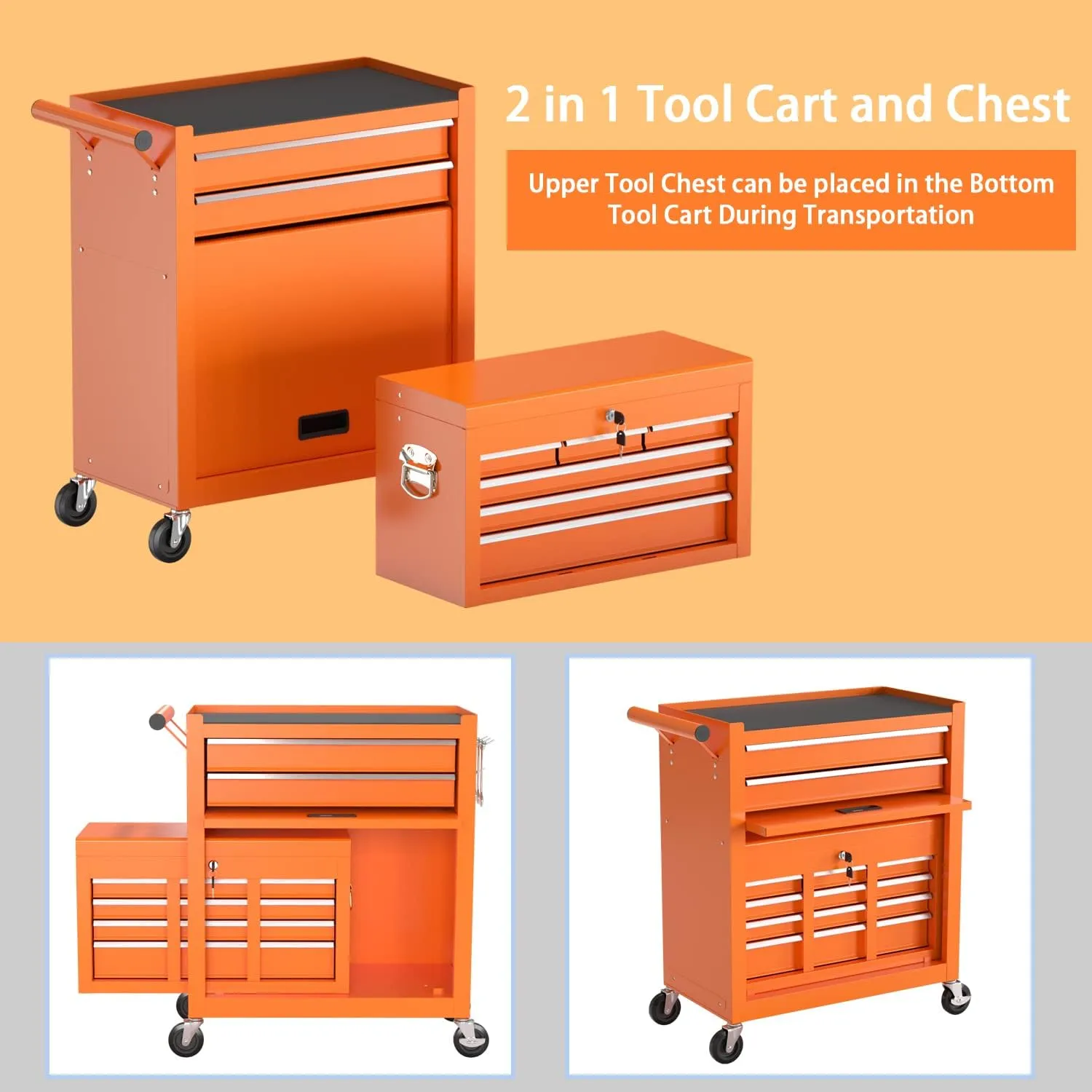 8-Drawer High Capacity Rolling Tool Chest, Removable Cabinet Storage Tool Box with Wheels and Drawers, Detachable Toolbox with Lock for Workshop Mechanics Garage（Orange）