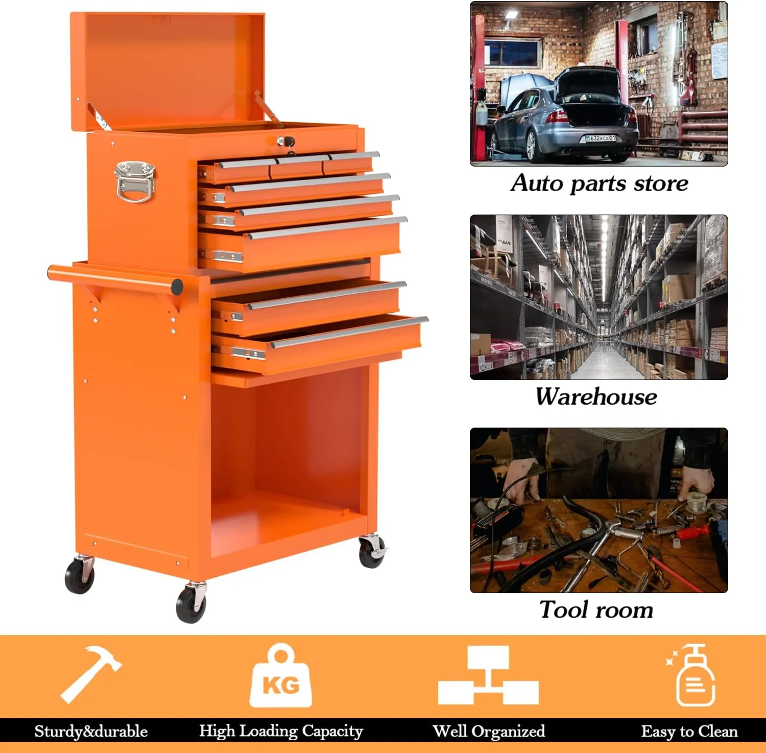 8-Drawer High Capacity Rolling Tool Chest, Removable Cabinet Storage Tool Box with Wheels and Drawers, Detachable Toolbox with Lock for Workshop Mechanics Garage（Orange）