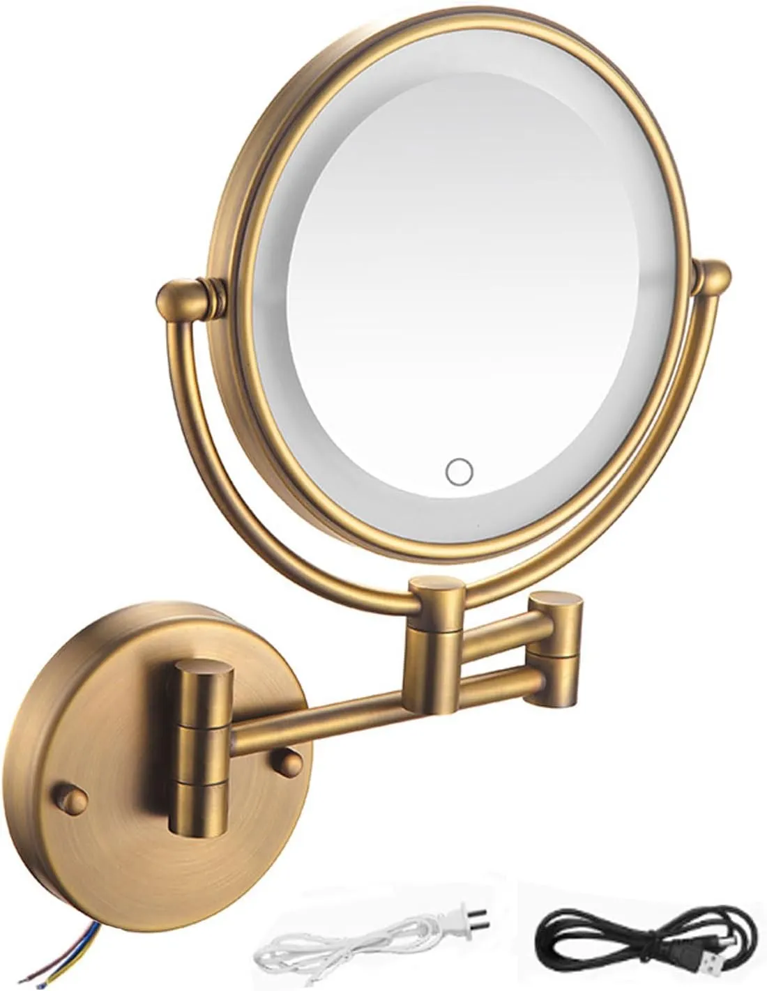 8 Inch Magnifying Mirror with Lights, Wall Mounted Makeup Mirror, Dual-Sided 1X & 3X/5X/7X/10X, LED Lighting, for Bathroom & Vanity Brass,USB 3X