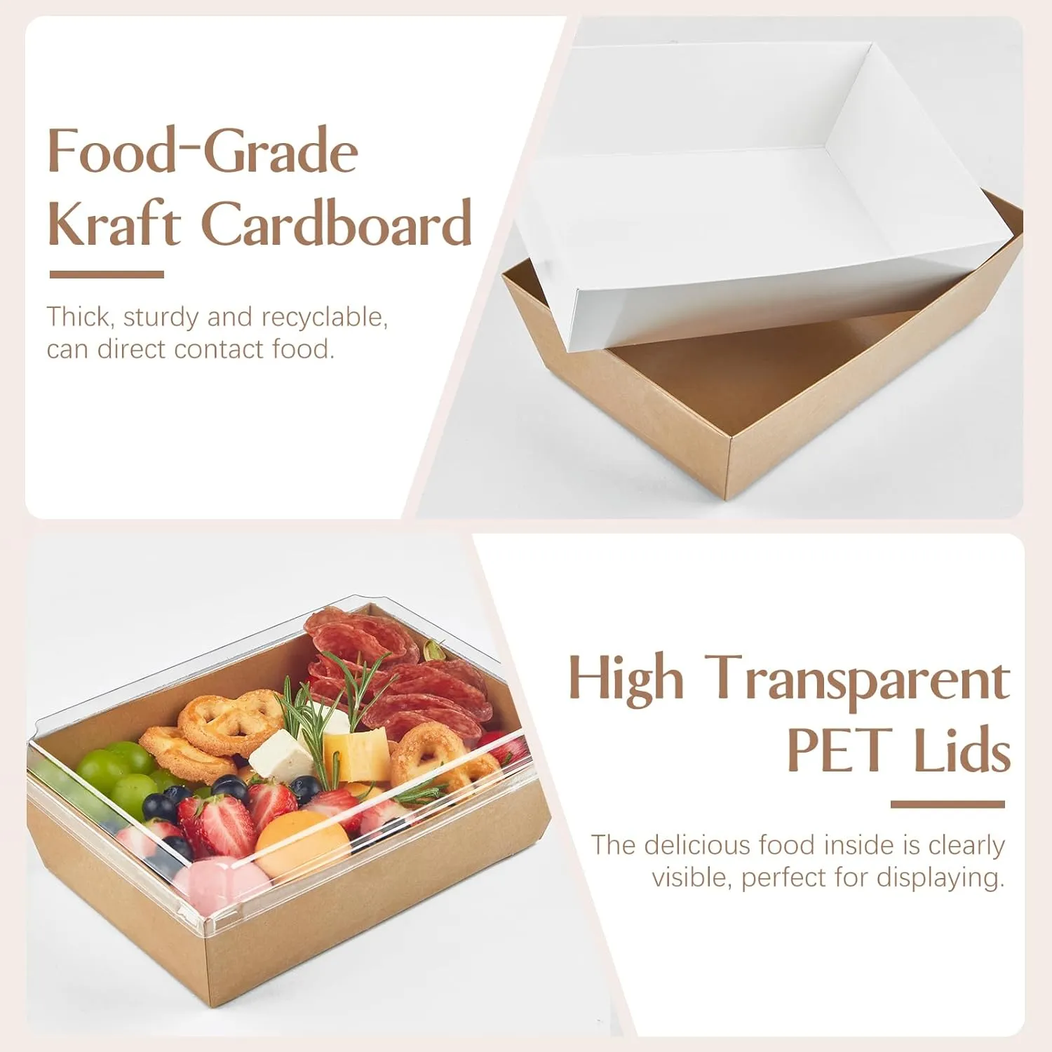 8 x 6 Inch Paper Charcuterie Boxes with Clear Lids, 20 Pack Large Disposable Take Out Bakery Boxes, To Go Containers for Cake Slice, Cupcakes, Sandwiches, Cookies, Cocoa Bombs, Salads (Brown)