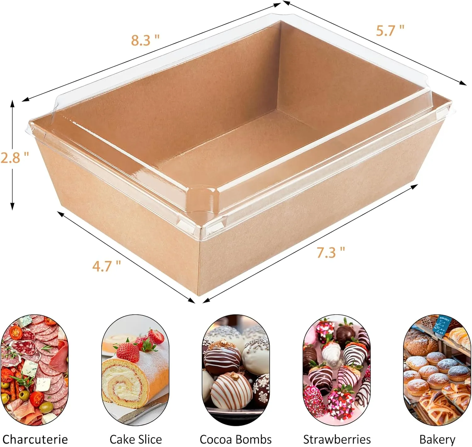 8 x 6 Inch Paper Charcuterie Boxes with Clear Lids, 20 Pack Large Disposable Take Out Bakery Boxes, To Go Containers for Cake Slice, Cupcakes, Sandwiches, Cookies, Cocoa Bombs, Salads (Brown)