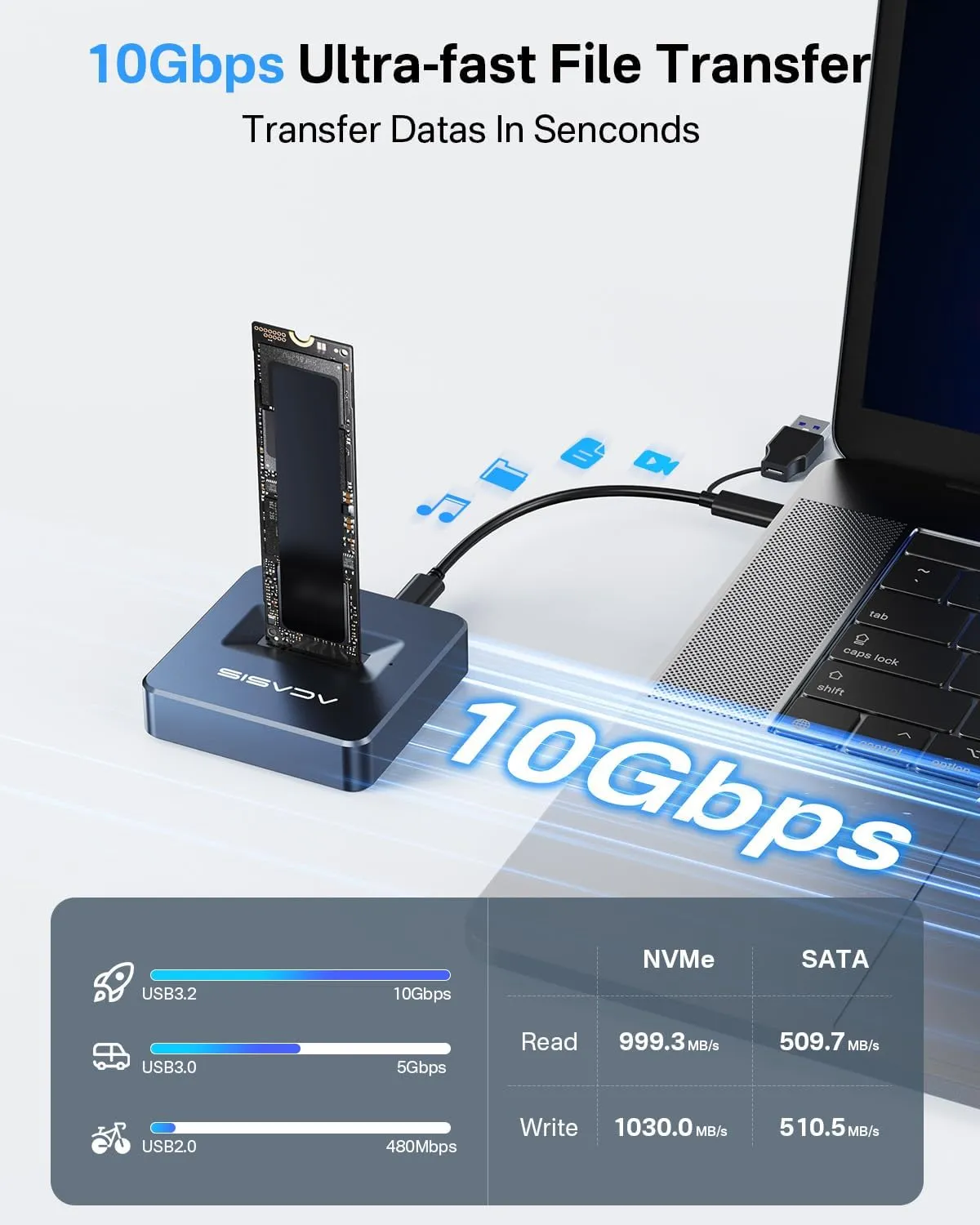 ACASIS NVME SSD Reader Adapter, Aluminium Alloy Housing Fast Heat Dissipation, NVME to USB Docking Station, M.2 SSD to USB Adapter 10Gbps, Support M.2 (M Key) NVMe SSD and (B M Key) SATA-Based SSD