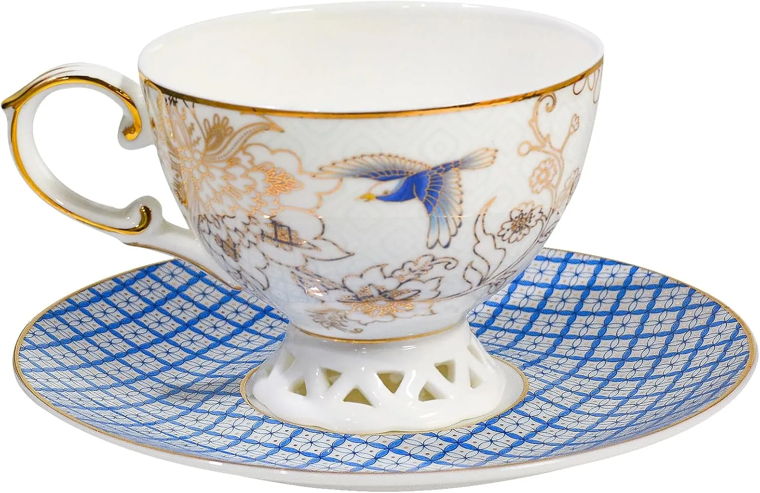 ACMLIFE Bone China Tea Cup and Saucer Set - Bone China Tea Coffee Cup and Saucer Set for 1, Vintage Teacups and Saucers, with Gold Trim and Gift Box (1, Light Blue)
