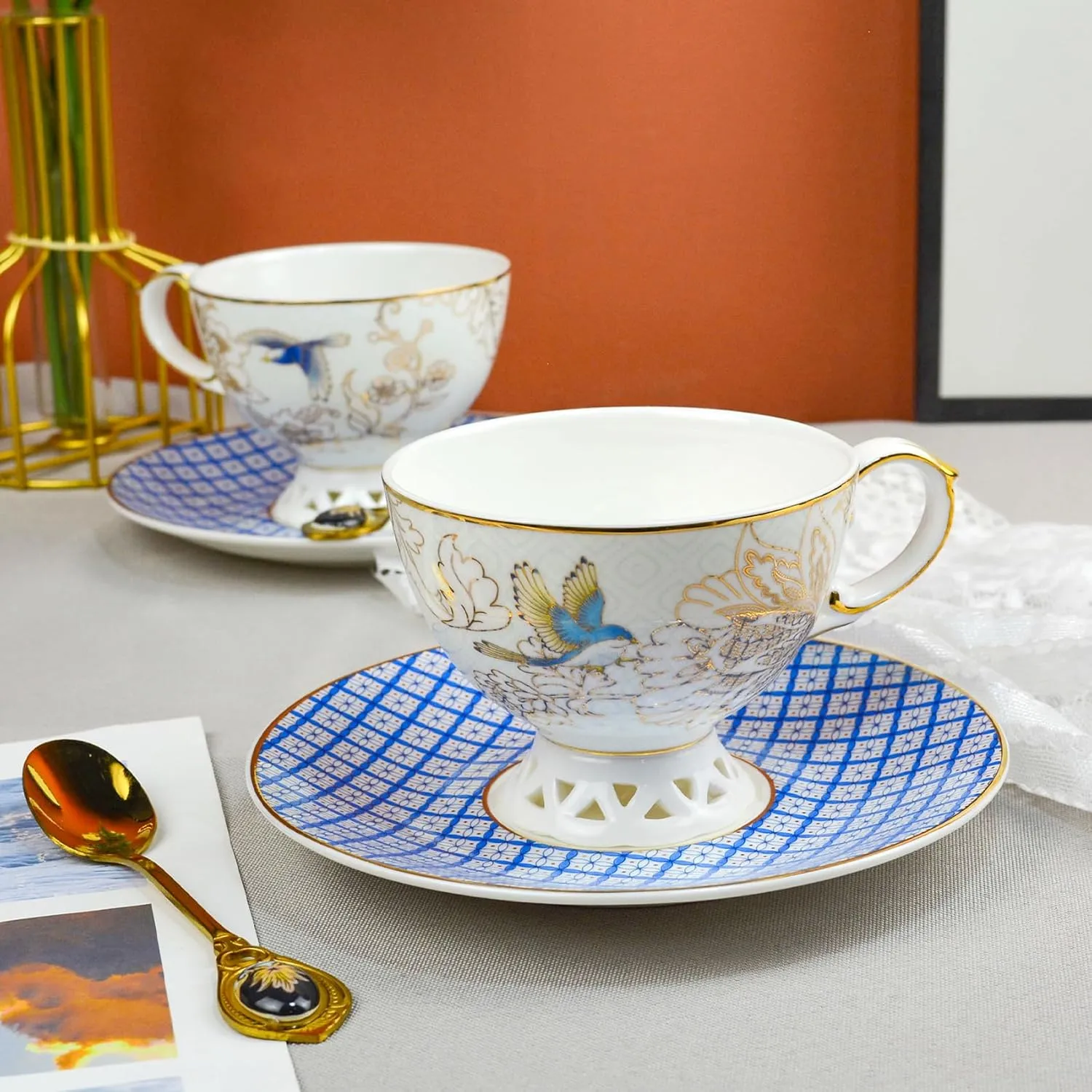 ACMLIFE Bone China Tea Cup and Saucer Set - Bone China Tea Coffee Cup and Saucer Set for 1, Vintage Teacups and Saucers, with Gold Trim and Gift Box (1, Light Blue)